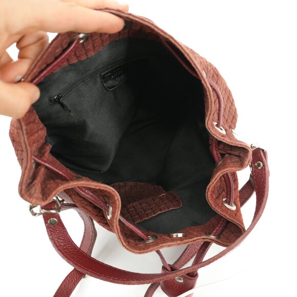 Bucket Bag Burgundy Made in Italy Woven Suede Leather Cinch BORSE In PELLE Purse - Picture 6 of 8